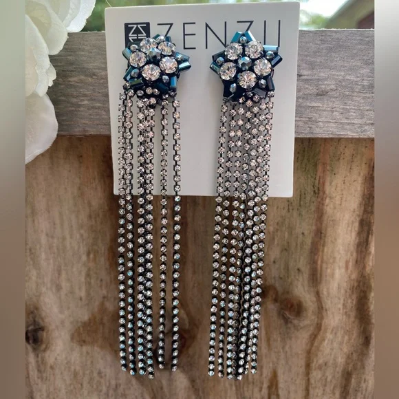 NWT ZENZII BLACK CRYSTAL TASSEL CLIP DROP EARRINGS - Picture 5 of 5